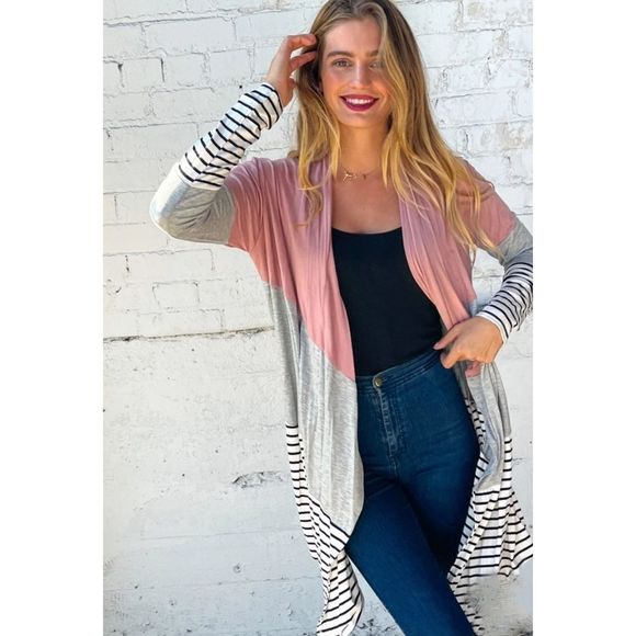 (Out Of Stock) Mauve Color Block Stripe Cardigan - Picture 2 of 6